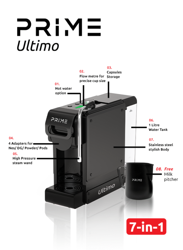PRIME Ultimo  7 in 1 Multi-Capsule Coffee Machine, FREE Milk pitcher &  Mug - Image 3