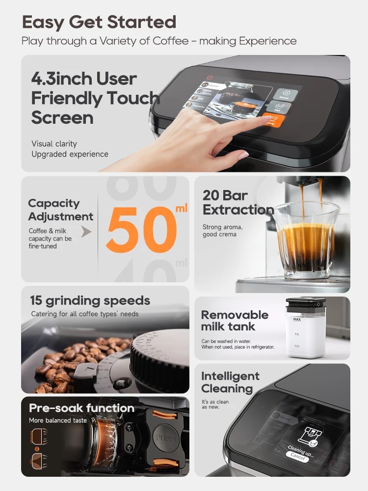 HiBREW Fully Automatic Espresso Machine Cappuccino Milk System 6 Coffee Varieties Intuitive Touch Display With Grinder H16 - Image 8
